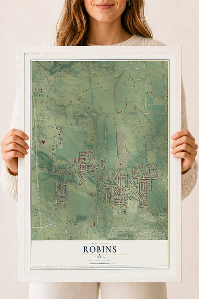 Map of Robins, Iowa, 18 x 24 inch print in a white wood frame