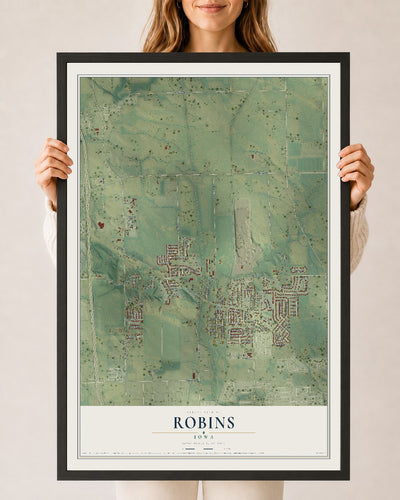 Map of Robins, Iowa, 24 x 36 inch print in a black wood frame