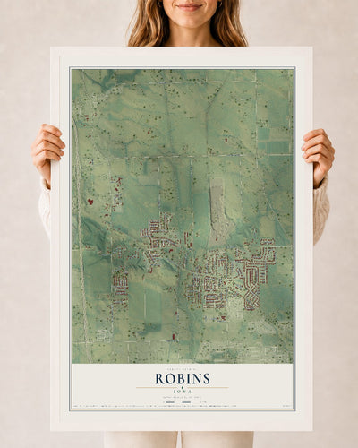 Map of Robins, Iowa, 24 x 36 inch print in a white wood frame