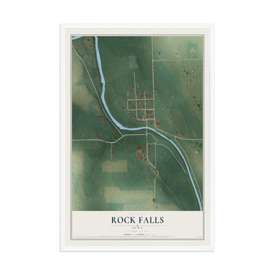Map of Rock Falls, Iowa, 12 x 18 inch print in a white wood frame