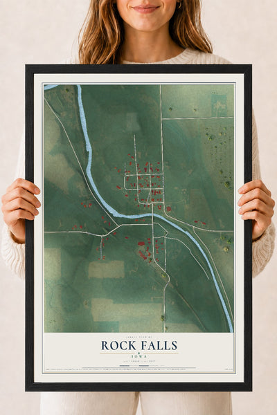 Map of Rock Falls, Iowa, 18 x 24 inch print in a black wood frame