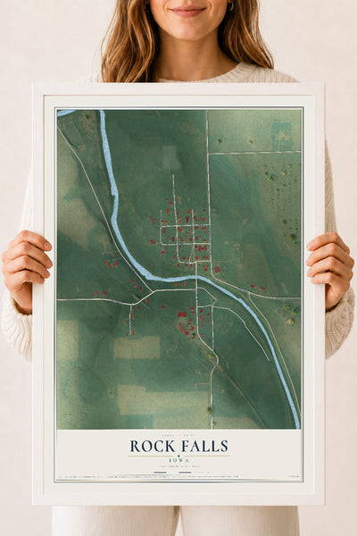 Map of Rock Falls, Iowa, 18 x 24 inch print in a white wood frame