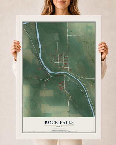 Map of Rock Falls, Iowa, 24 x 36 inch print in a white wood frame