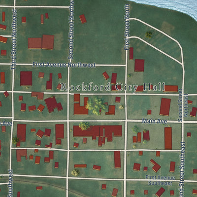 Close-up of the map of Rockford, Iowa print showing street and building detail