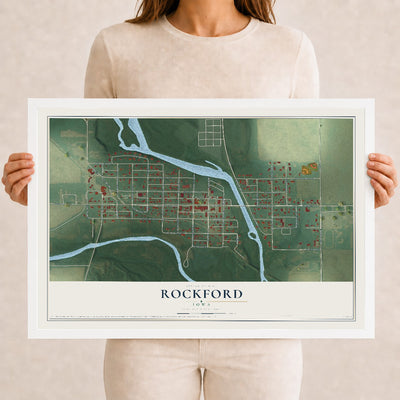Map of Rockford, Iowa, 12 x 18 inch print in a white wood frame