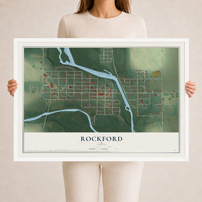 Map of Rockford, Iowa, 24 x 36 inch print in a white wood frame