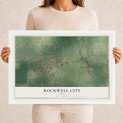 Map of Rockwell City, Iowa, 12 x 18 inch print in a white wood frame