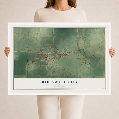 Map of Rockwell City, Iowa, 24 x 36 inch print in a white wood frame