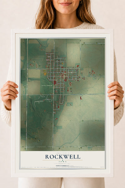 Map of Rockwell, Iowa, 18 x 24 inch print in a white wood frame