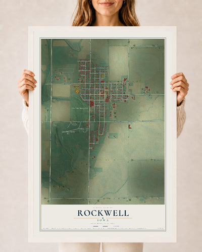 Map of Rockwell, Iowa, 24 x 36 inch print in a white wood frame