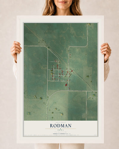 Map of Rodman, Iowa, 24 x 36 inch print in a white wood frame