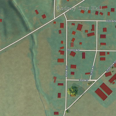 Close-up of the map of Rodney, Iowa print showing street and building detail