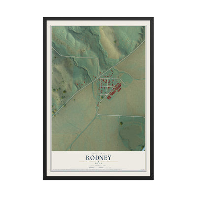 Map of Rodney, Iowa, 12 x 18 inch print in a black wood frame