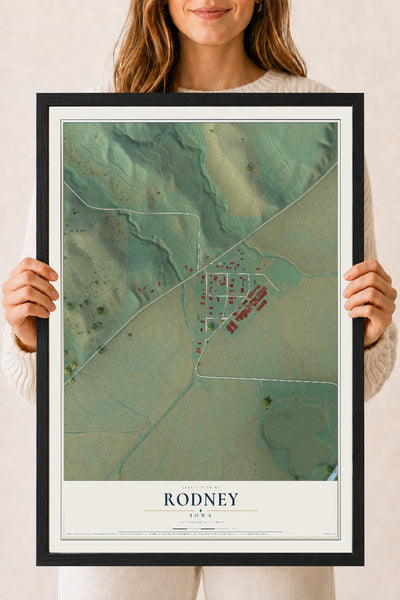 Map of Rodney, Iowa, 18 x 24 inch print in a black wood frame