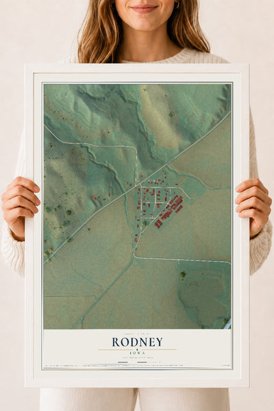 Map of Rodney, Iowa, 18 x 24 inch print in a white wood frame