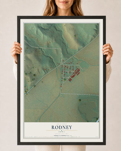 Map of Rodney, Iowa, 24 x 36 inch print in a black wood frame