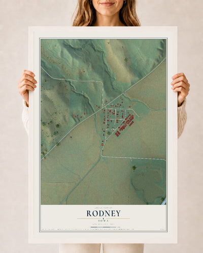 Map of Rodney, Iowa, 24 x 36 inch print in a white wood frame