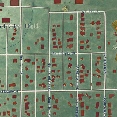 Close-up of the map of Roland, Iowa print showing street and building detail