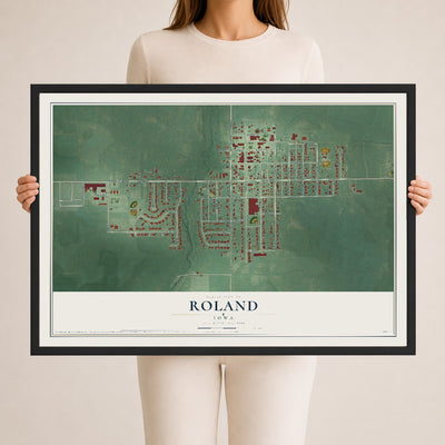 Map of Roland, Iowa, 24 x 36 inch print in a black wood frame