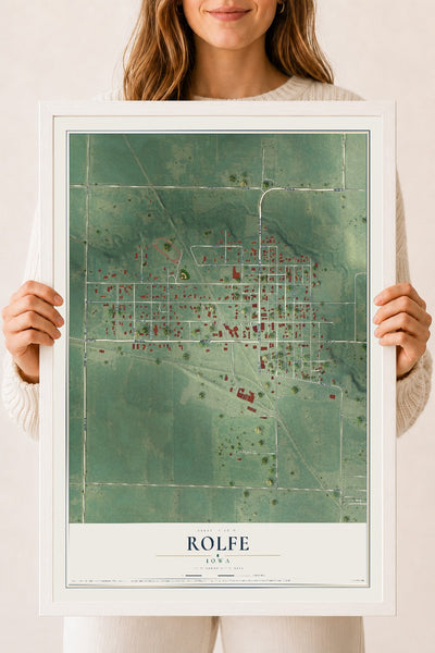 Map of Rolfe, Iowa, 18 x 24 inch print in a white wood frame