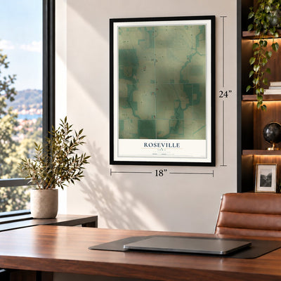 Roseville, Iowa map, 18 x 24 inch print in a black frame in a home office