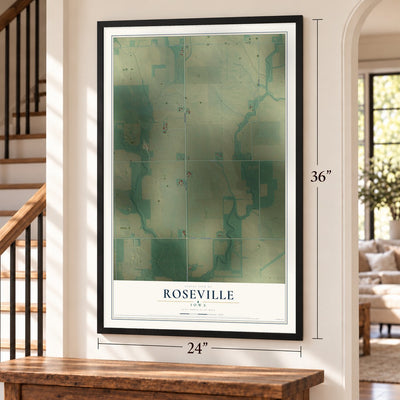 Roseville, Iowa map, 24 x 36 inch print in a black frame by a staircase