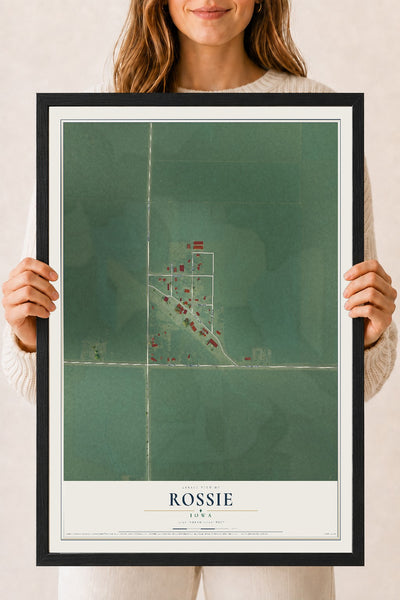 Map of Rossie, Iowa, 18 x 24 inch print in a black wood frame