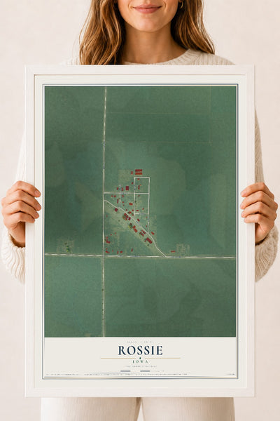 Map of Rossie, Iowa, 18 x 24 inch print in a white wood frame