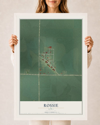 Map of Rossie, Iowa, 24 x 36 inch print in a white wood frame