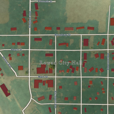 Close-up of the map of Rowan, Iowa print showing street and building detail
