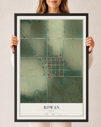 Map of Rowan, Iowa, 24 x 36 inch print in a black wood frame