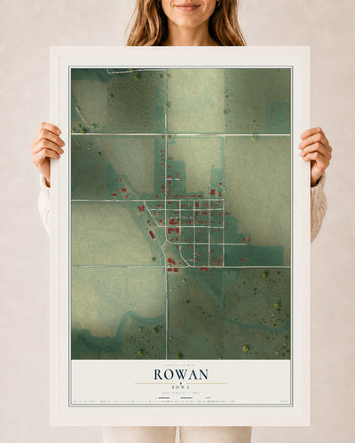 Map of Rowan, Iowa, 24 x 36 inch print in a white wood frame