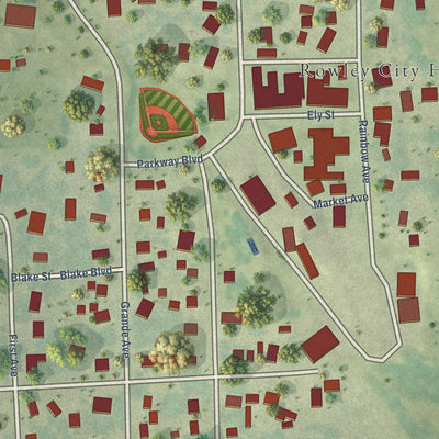 Close-up of the map of Rowley, Iowa print showing street and building detail