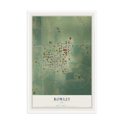 Map of Rowley, Iowa, 12 x 18 inch print in a white wood frame