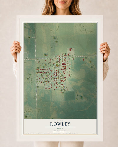 Map of Rowley, Iowa, 24 x 36 inch print in a white wood frame