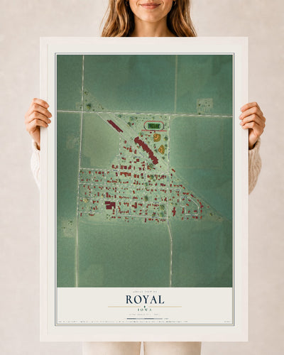 Map of Royal, Iowa, 24 x 36 inch print in a white wood frame