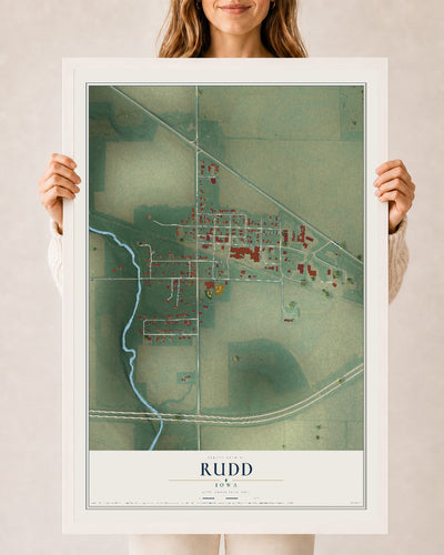 Map of Rudd, Iowa, 24 x 36 inch print in a white wood frame