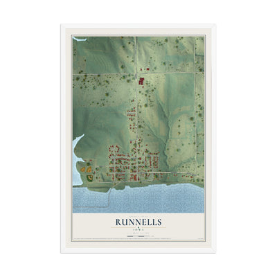 Map of Runnells, Iowa, 12 x 18 inch print in a white wood frame