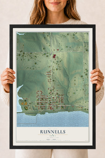 Map of Runnells, Iowa, 18 x 24 inch print in a black wood frame