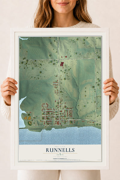 Map of Runnells, Iowa, 18 x 24 inch print in a white wood frame