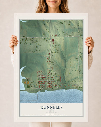 Map of Runnells, Iowa, 24 x 36 inch print in a white wood frame