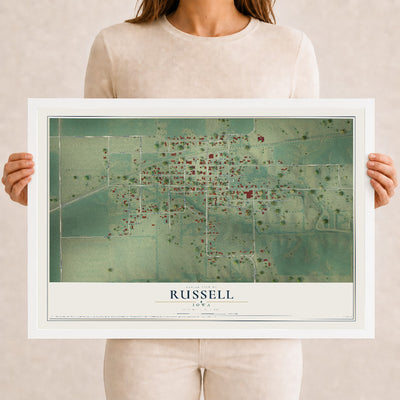Map of Russell, Iowa, 12 x 18 inch print in a white wood frame