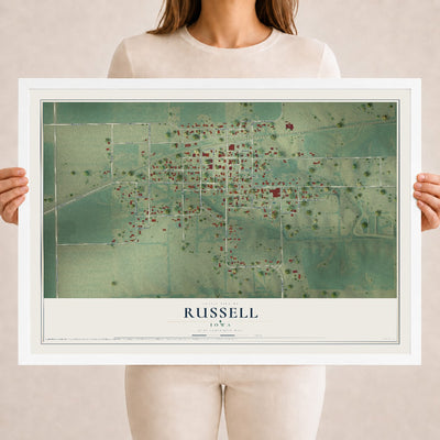 Map of Russell, Iowa, 18 x 24 inch print in a white wood frame
