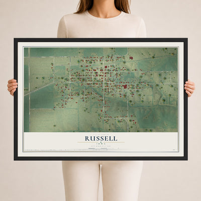 Map of Russell, Iowa, 24 x 36 inch print in a black wood frame