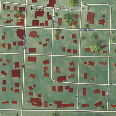 Close-up of the map of Ruthven, Iowa print showing street and building detail