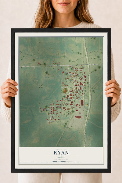 Map of Ryan, Iowa, 18 x 24 inch print in a black wood frame