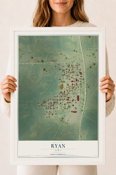Map of Ryan, Iowa, 18 x 24 inch print in a white wood frame