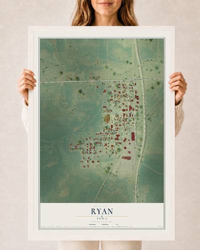 Map of Ryan, Iowa, 24 x 36 inch print in a white wood frame