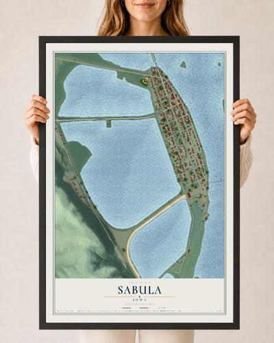 Map of Sabula, Iowa, 24 x 36 inch print in a black wood frame