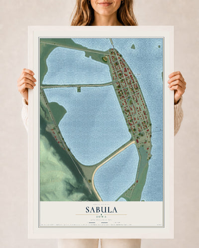 Map of Sabula, Iowa, 24 x 36 inch print in a white wood frame